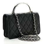 Lambskin Quilted Metal Top Handle Crossbody Flap Black