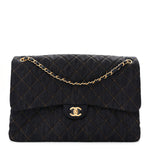 Denim Quilted XXL Travel Flap Bag Dark Blue Orange