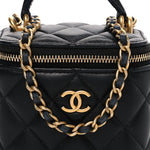 Lambskin Quilted Metal Mini Top Handle Vanity Case With Chain Black