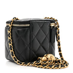 Lambskin Quilted Mini Pearl Crush Vanity Case With Chain Black