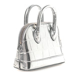 Metallic Calfskin Logo Crocodile Embossed Mini Ville Top Handle Bag Silver Black