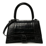 Shiny Calfskin Monochrome Crocodile Embossed Small Hourglass Top Handle Bag Black