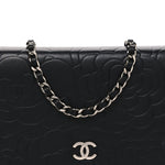 Lambskin Camellia Embossed Wallet on Chain WOC Black