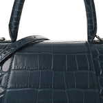 Shiny Calfskin Crocodile Embossed Small Hourglass Top Handle Bag Dark Petrol Blue