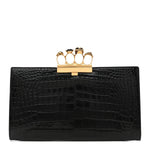 Calfskin Crocodile Embossed Knuckle Flat Clutch Black Gold