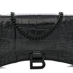 Shiny Calfskin Monochrome Crocodile Embossed Hourglass Chain Bag Black