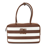 Canvas Calfskin Striped Large Beau Top Handle Bag Naturale Brandy