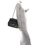 Glazed Calfskin Quilted Large Gold Bar Top Handle Flap Black
