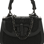 Moire Fabric Calfskin Rhinestone Monogram Monochrome Mini Bamboo 1947 Top Handle Chain Bag Black