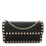 Pebbled Calfskin Rockstud Flap Wallet On Chain Black