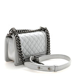 Metallic Calfskin Quilted Small Boy Flap Silver