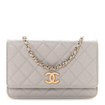 Caviar Quilted Studded CC Wallet On Chain WOC Grey