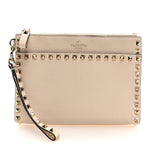 Pebbled Calfskin Rockstud Wristlet Clutch White