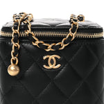Lambskin Quilted Mini Pearl Crush Vanity Case With Chain Black