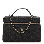 Denim Quilted Top Handle Slim Vanity Case With Chain Dark Blue Orange