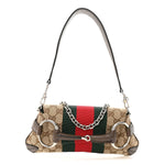 Monogram Textured Dollar Calfskin Heavy Grosgrain Web Small Maxi Horsebit Chain Shoulder Bag Beige Ebony New Acero
