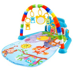Colorful baby play gym with animals and toys on a white background