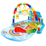 Colorful baby play gym with various toys on a white background