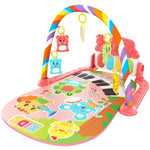 Colorful baby play mat with keyboard and hanging toys on a white background