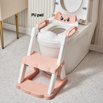 Children's potty training seat with pink step stool attached to a toilet.
