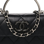 Lambskin Quilted Mini Metal Top Handle Flap Clutch With Chain  Black