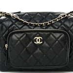 Shiny Crumpled Lambskin Quilted Medium Preppy Pocket Camera Case Black
