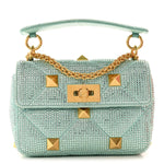 Crystal Suede Small Roman Stud Shoulder Bag Green