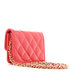 Shiny Lambskin Quilted Card Holder On Chain Pink