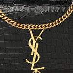 Calfskin Crocodile Embossed Medium Classic Monogram Kate Tassel Satchel Black