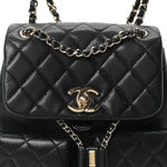 Shiny Caviar Quilted Medium Duma Pockets Drawstring Backpack Black