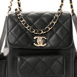 Shiny Caviar Quilted Small Duma Pockets Drawstring Backpack Black