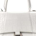 Shiny Calfskin Crocodile Embossed Small Hourglass Top Handle Bag White