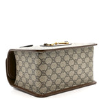 GG Supreme Monogram Azalea Calfskin Mini Horsebit 1955 Foldover Top Handle Bag Beige Ebony Brown Sugar