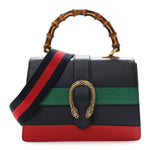 Moon Calfskin Bamboo Web Medium Dionysus Top Handle Bag Blue Emerald Hibiscus Red