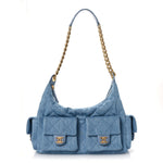 Washed Denim Quilted Large Trendy Pockets Hobo Blue