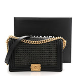 Lambskin Braided Woven Medium Boy Flap Navy Black