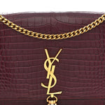 Calfskin Crocodile Embossed Medium Classic Monogram Kate Tassel Satchel Dark Red