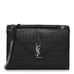 Calfskin Crocodile Embossed Large Monogram Satchel Dark Brown