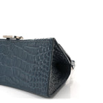 Shiny Calfskin Crocodile Embossed Small Hourglass Top Handle Bag Dark Petrol Blue