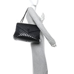 Calfskin Y Quilted Monogram Monochrome Large Loulou Chain Satchel Black