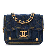 Denim Quilted Double You Card Holder On Chain Blue