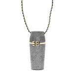 Metal Resin Lambskin Crystal Lipstick Case Long Necklace On Chain Silver Black Gold