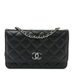 Lambskin Quilted Enamel CC Wallet on Chain WOC Black