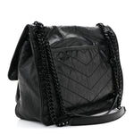 Crinkled Calfskin Matelasse Monogram Medium Niki Chain Satchel Black