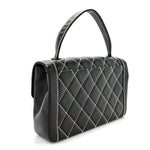 Calfskin Quilted Wild Stitch Large Top Handle Flap Black