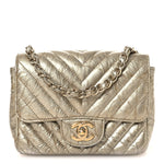 Metallic Crumpled Calfskin Chevron Quilted Mini Square Flap Gold
