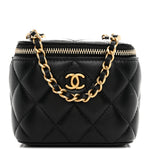 Lambskin Quilted Mini Pearl Crush Vanity Case With Chain Black