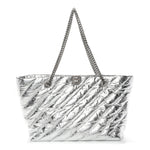 Metallic Crushed Calfskin Quilted Medium Crush Carry All Tote Bag Silver