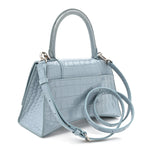 Shiny Calfskin Crocodile Embossed Small Hourglass Top Handle Bag Blue Grey