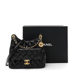 Shiny Crumpled Calfskin Quilted Wavy CC Hobo Black